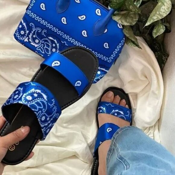 Blue Bandana Double Strap Slides Sandals - Picture 1 of 4